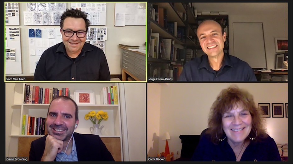 Clockwise from upper left: Artists Sam Van Aken and Jorge Otero-Pailos, School of the Arts Dean Carol Becker, and Gavin Browning, director of the school's public programs. Four people in their Zoom boxes.