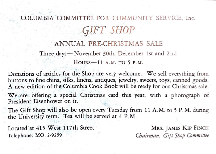 A Gift Shop committee invitation, signed by Lolita Mollman Finch. Courtesy Columbia University Archives.