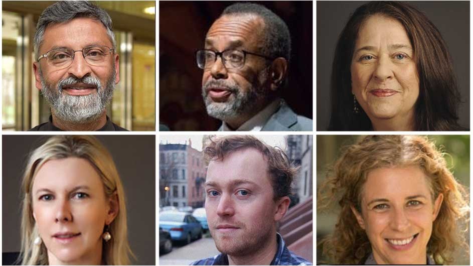 Top, from left to right: Dilip da Cunha, Robert Gooding-Williams and Lesley Sharp; bottom, from left to right: Caroline Weber, Taylor Brook and Camille Robcis. Photos of 3 women and 3 men.