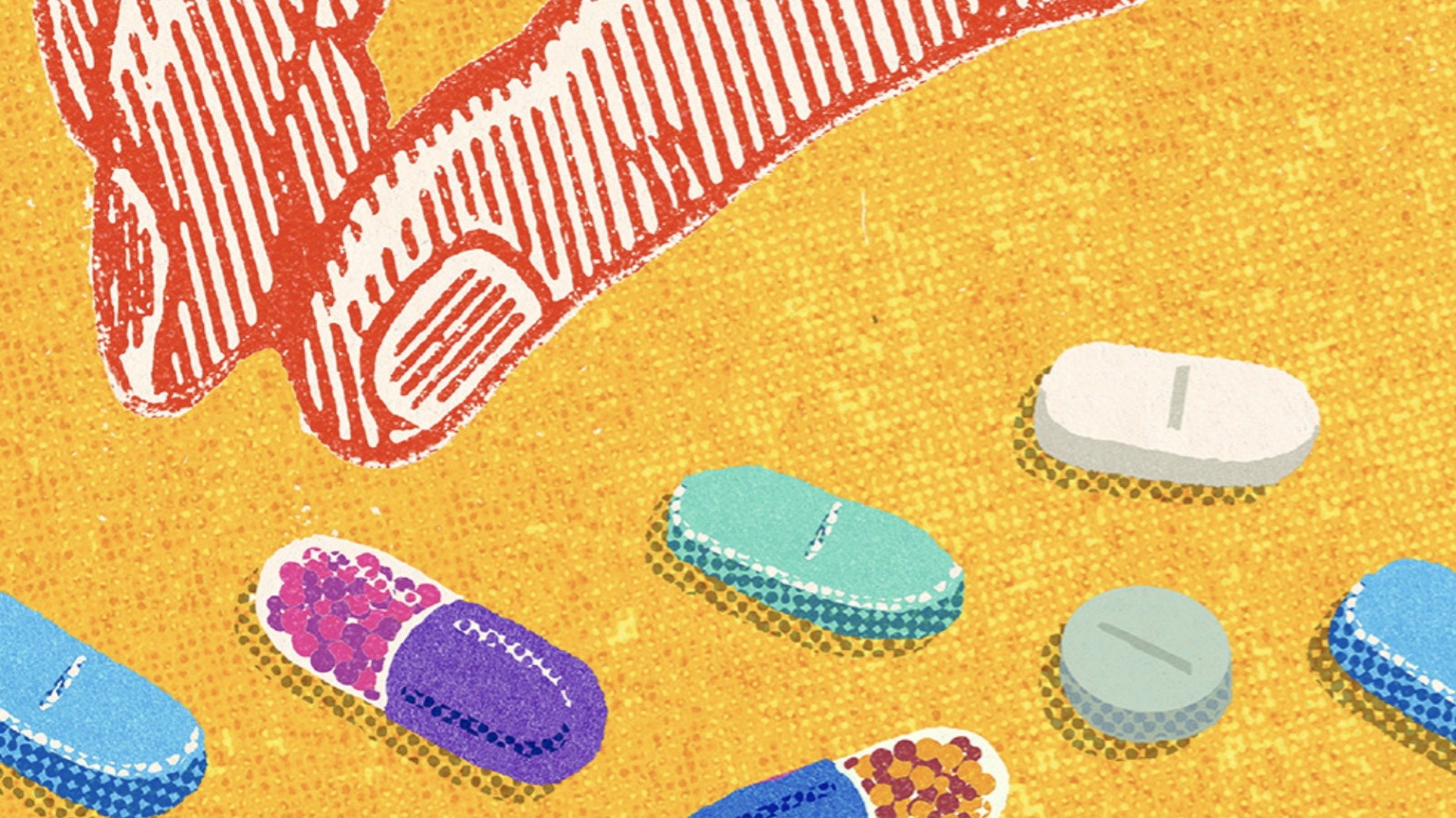 An illustration of a hand reaching for pills.