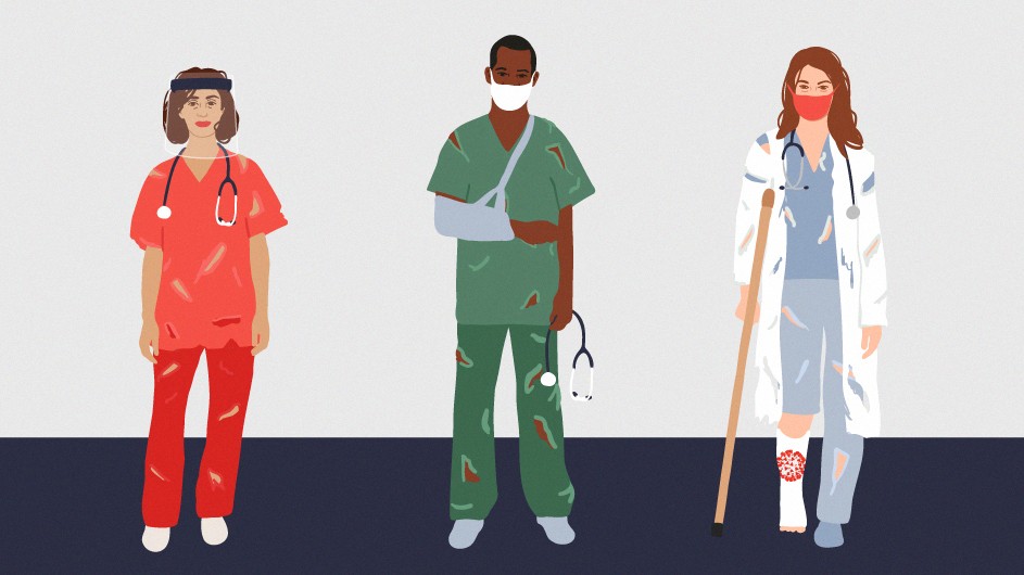 Illustration of three healthcare workers in colorful surgical scrubs with various injuries