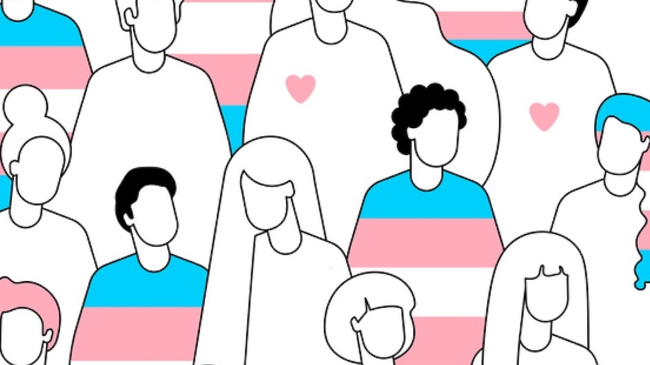 An illustration of people overlaid with the colors of the transgender flag.