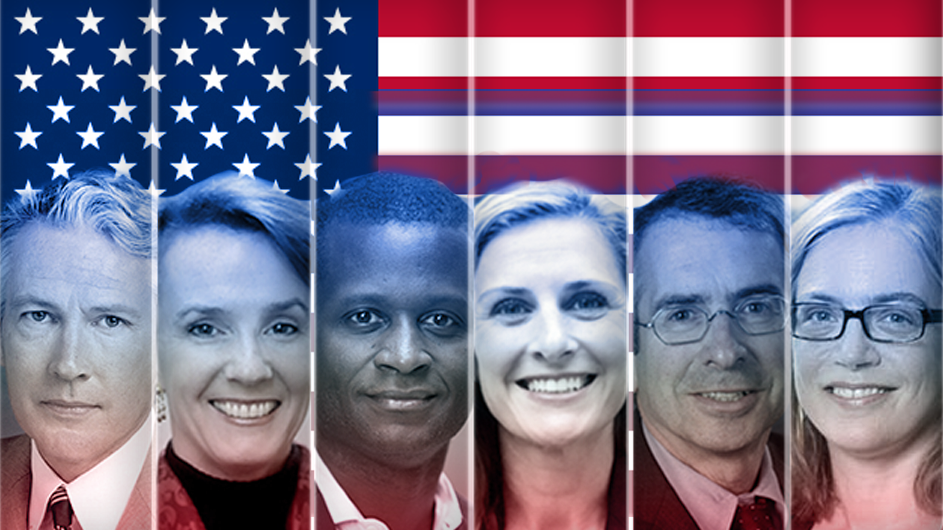 Five faces imposed on the American flag
