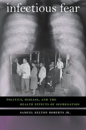Book cover for Infectious Fear, featuring a black and white photo of people standing in line among a doctor and a nurse overlaid on an X-ray of lungs..