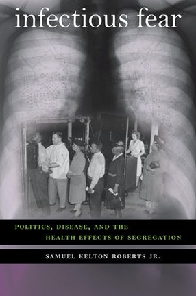 Book cover for Infectious Fear, featuring a  black and white photo of people standing in line among a doctor and a nurse overlaid on an X-ray of  lungs..