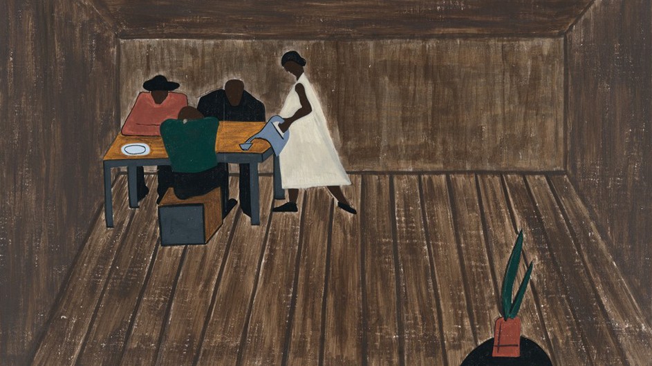 "In every southern home people met to decide whether or not to go north." Jacob Lawrence, 1940–41, casein tempera on hardboard, 12 x 18 in. The Museum of Modern Art, New York. Gift of Mrs. David M. Levy. Part of The Migration Series, which was funded by the WPA. A painting of a Black family seated and standing at a table in a brown room.