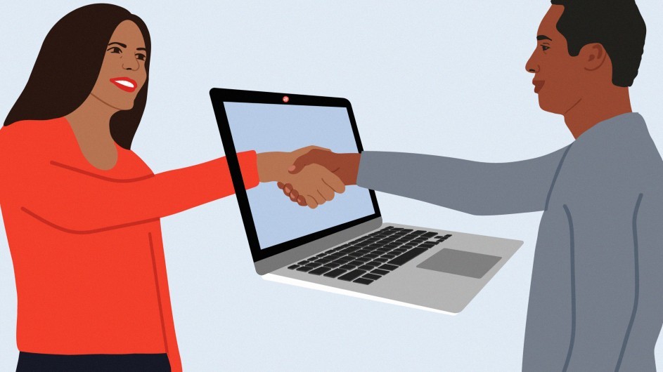 An illustration of a man reaching through a laptop screen to shake hands with a woman on the other side.