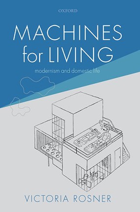 A blue and white book cover for "Machines for Living," with text and an architectural drawing of a house.