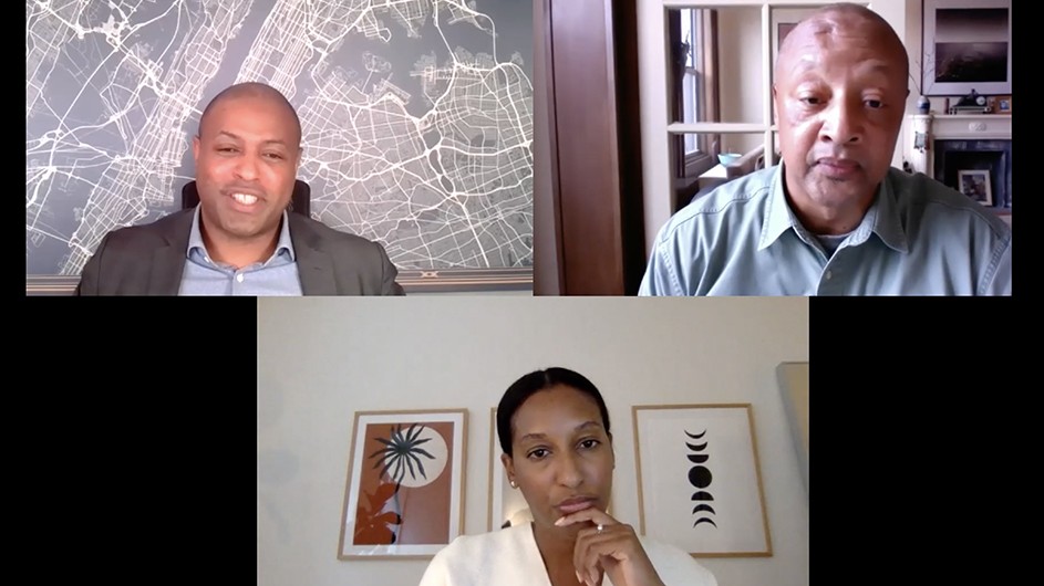 Clockwise from upper left: GSAPP Professor Malo Hutson; Flores Forbes, AVP for community affairs at Columbia; and Akilah King, CEO of Room to Grow. 3 people--2 men and 1 woman--on a Zoom screen.
