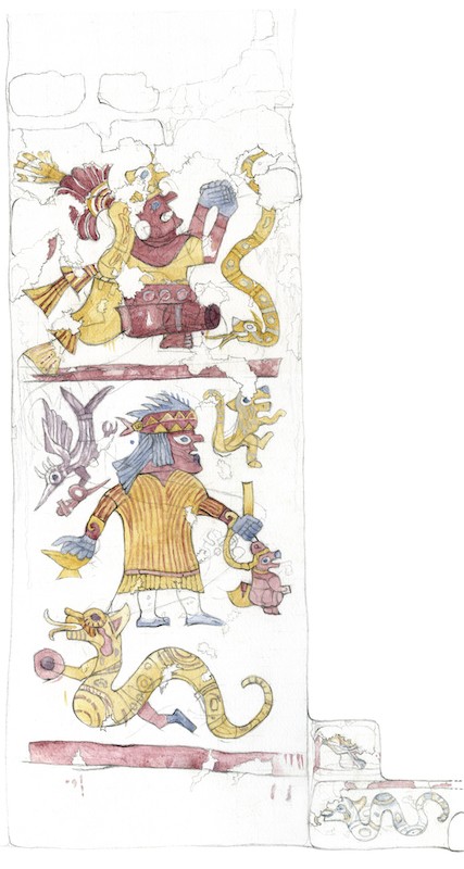 Figures painted on a pillar within the Hall of the Moche Imaginary. Measured watercolor made on site by Pedro Neciosup Figures painted on a pillar within the Hall of the Moche Imaginary. Measured watercolor made on site by Pedro Neciosup