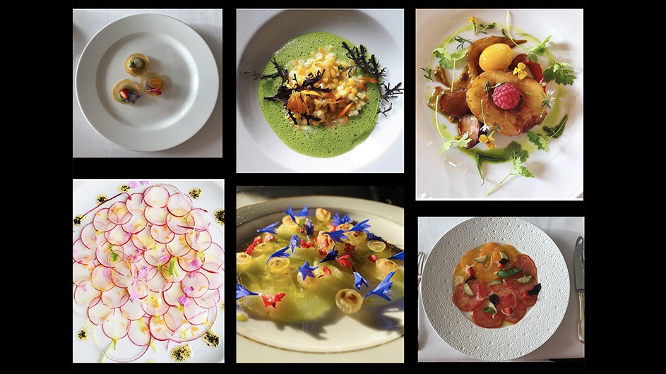 Photos of plates at L'Arpège by Emily L. Spratt and Alain Passard Six plates of food from a Columbia University event on artificial intelligence and haute cuisine.