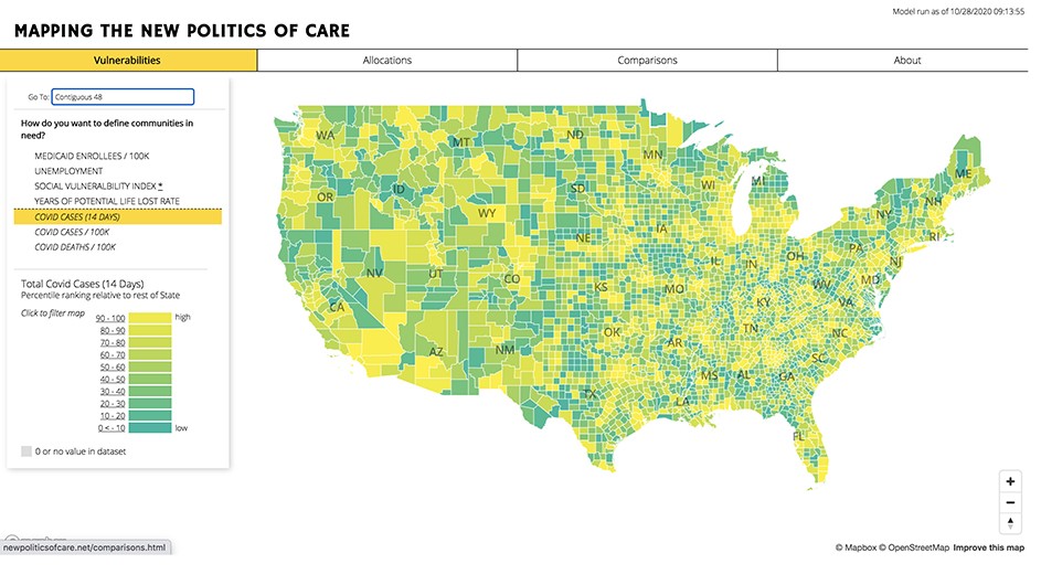 "Mapping the New Politics of Care," a joint project of Columbia's Center for Spatial Research and Yale's Global Health Justice Partnership. A map of the U.S.A. from a website.