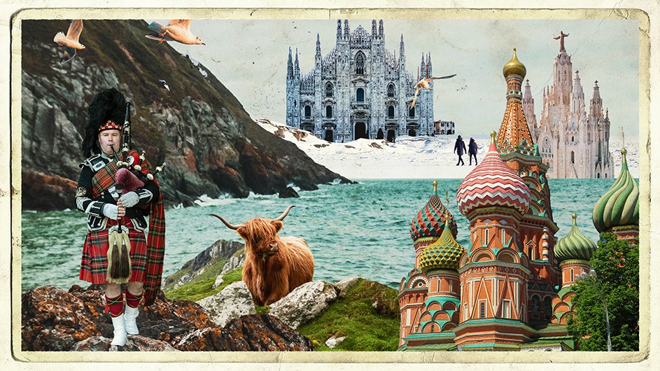 Illustration by Julie Winegard A colorful illustration of buildings, landscapes, animals.