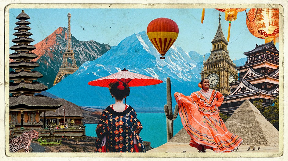Illustration by Julie Winegard. A colorful image with people, monuments and landscape scenes from around the world.
