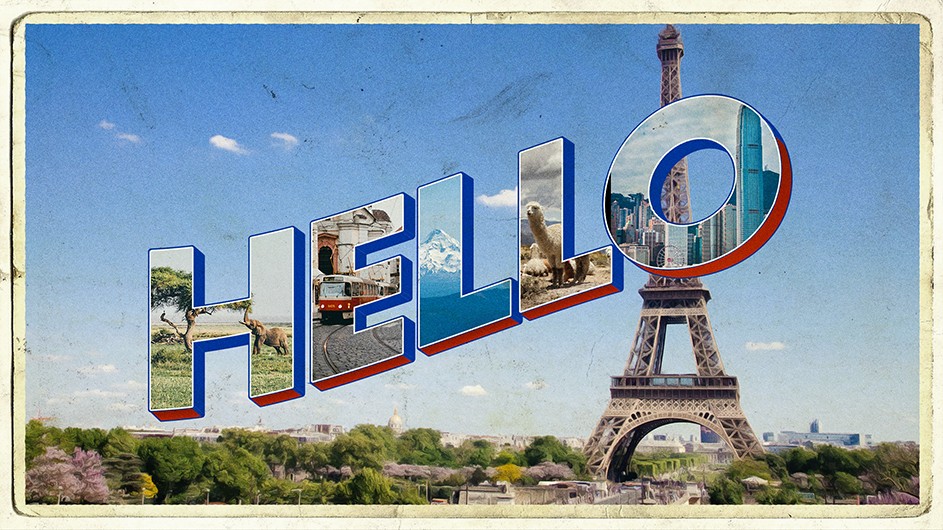 Illustration of a vintage postcard with the word "hello" and the Eiffel Tower in the background.