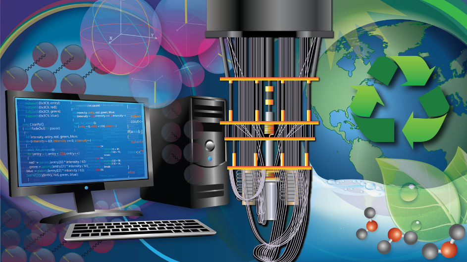 An algorithm co-designed for classic and quantum computers may help research design materials for sustainability goals. Credit: Nicoletta Barolini An illustration of a classic computer (left), quantum computer (center) and globe with sustainability symbol (right).