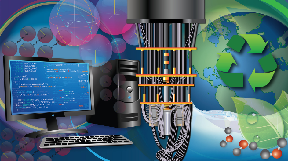 An illustration of a classic computer (left), quantum computer (center) and globe with sustainability symbol (right).