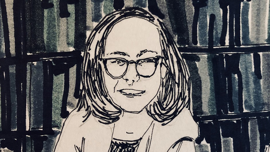 Rachel Adams: A drawing of a woman wearing eyeglasses in front of a bookshelf.