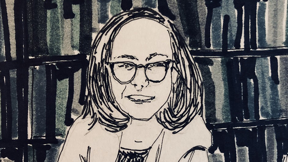 A self-portrait of Professor Rachel Adams that is in the comic she created for her students in Comics, Health, and Embodiment. Rachel Adams: A drawing of a woman wearing eyeglasses in front of a bookshelf.