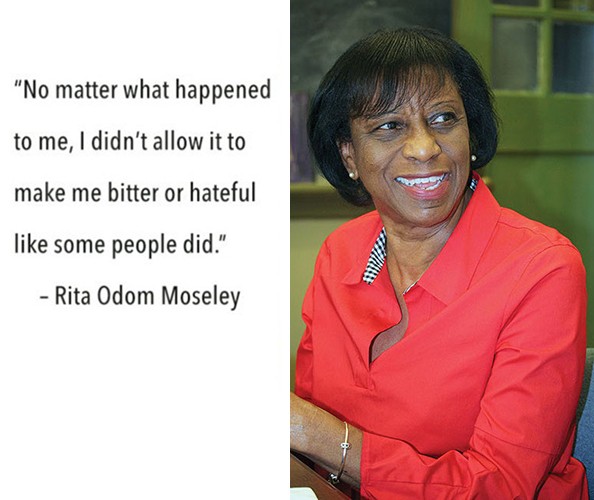 A quote juxtaposed next to an elderly African American woman smiling.
