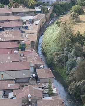 A river with houses on one side and trees and fields on the other.