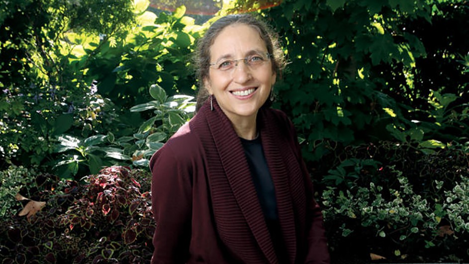 In a new book, environmental geographer and Earth Institute professor Ruth DeFries argues that we can survive by adopting the strategies of the nonhuman world. A smiling woman with glasses wears a maroon sweater and sits before a background of sunlit greenery.