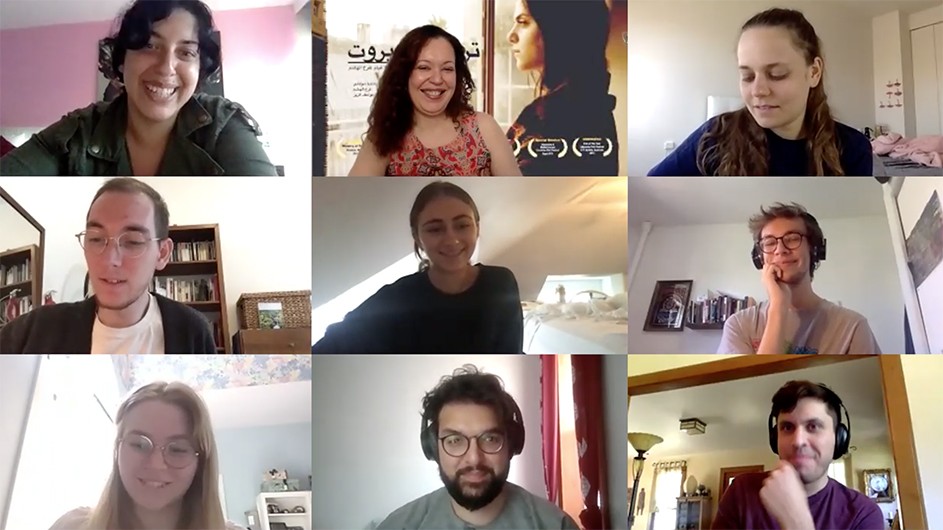 Professor Rym Bettaieb's Arabic class meets in a Zoom session online. Bettaieb is top center; visiting filmmaker Farah AlHashim is top left. A grid on a computer screen, showing nine people in their Zoom boxes online.