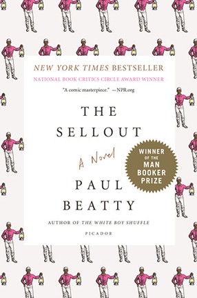 Book cover for The Sellout, featuring a pattern repeating a statue holding a lantern.