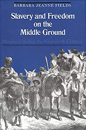 Book cover for Slavery and Freedom on the Middle Ground, featuring a Civil War era black and white drawing of people on horses and walking with their belongings.