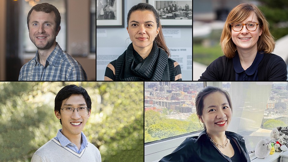 Columbia faculty to receive 2022 Sloan Fellowships (clockwise from top left): J. Colin Hill, Georgia Karagiorgi, Karen Kasza, Shuran Song, and Henry Yuen.