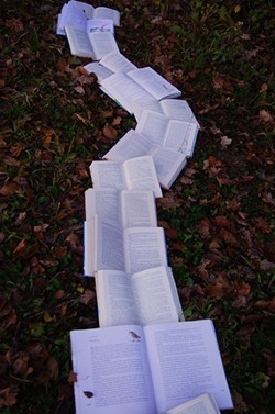 A winding line of open books on the ground of lawn and leaves.