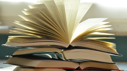 A pile of books lying open on top of one another.