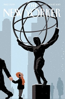 A New Yorker cover with a boy staring at a statue of a man holding up a globe.