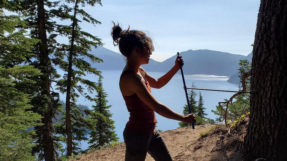 Lead author Karen Heeter takes a core sample from an old mountain hemlock near Crater Lake, Oregon, where at least one tree dated to the 1300s. (Grant Harley/University of Idaho).
