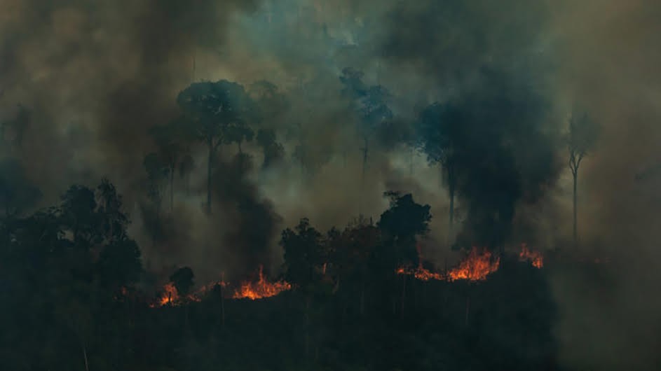 Aerial view of a large burned area in the city of Candeiras do Jamari in the state of Rondônia. Image by Victor Moriyama/Greenpeace dark background of billowing dark smoke on top of red fire