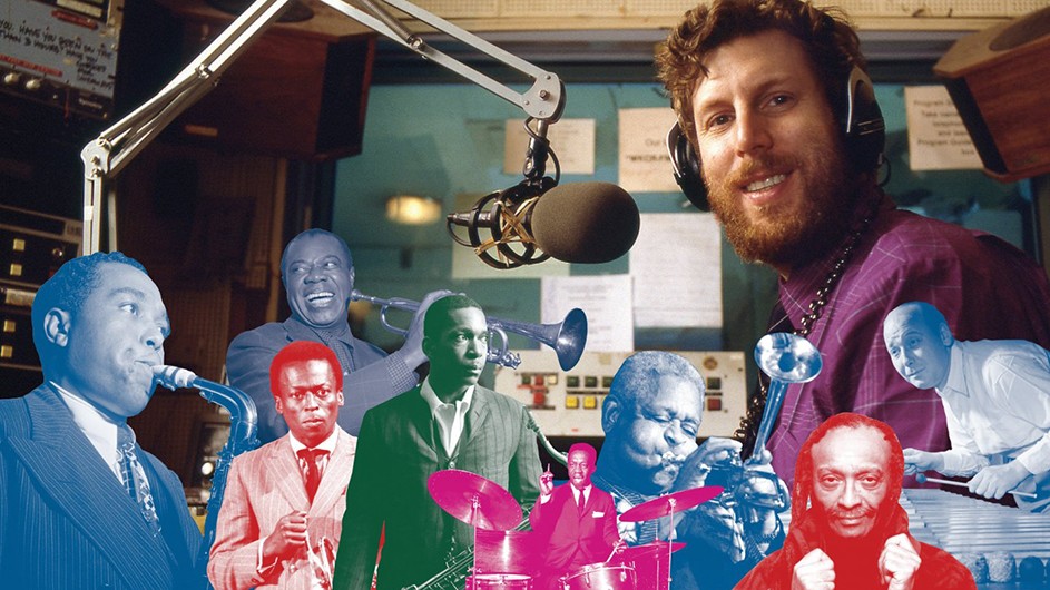 Phil Schaap CC ’73 in the WKCR studio in 1991, with jazz greats. A composite image of a guy in a recording studio wearing headphones, with photos of jazz greats.
