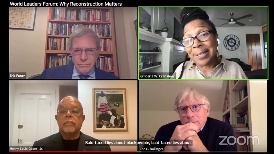 Clockwise from top left: Eric Foner, Kimberlé W. Crenshaw, Lee C. Bollinger, and Henry Louis Gates, Jr. Four people in Zoom boxes.