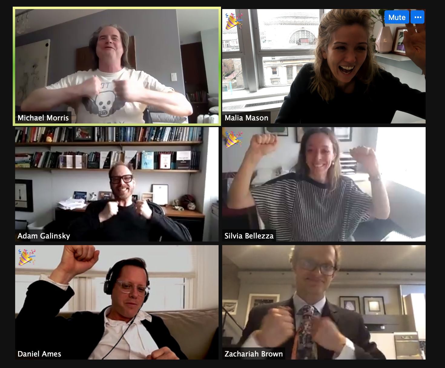 Despite his metatextual invitation shananigans, Zach Brown did pass his dissertation defense, which was held via Zoom. Photo courtesy of Zachariah Brown. A zoom screen with six windows and people celebrating.