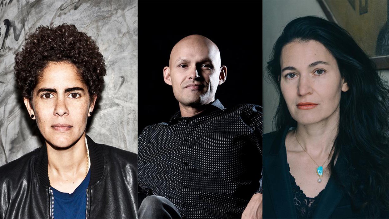 From left: Alan Kanzer Artist-in-Residence Julie Mehretu, Jazz Artist-in-Residence Miguel Zenón, Writer-in-Residence Nicole Krauss (Photo credits from left: Anastasia Muna, courtesy Miguel Zenón, Goni Riskin). Two women and a man in the middle face the camera.