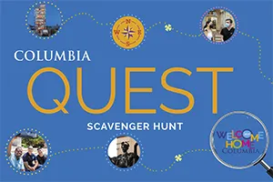 A blue poster with the word "QUEST" and a compass. 