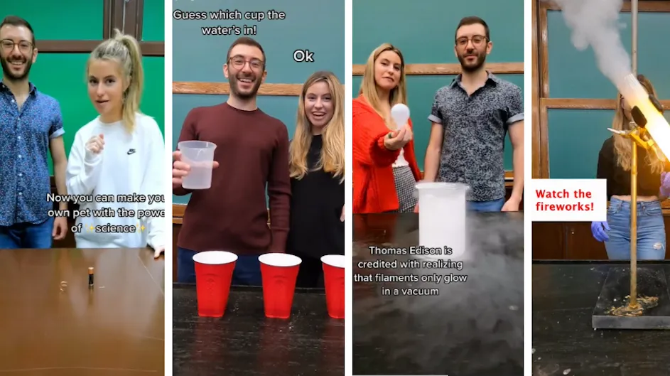 Five TikTok screenshots featuring Columbia researchers. 