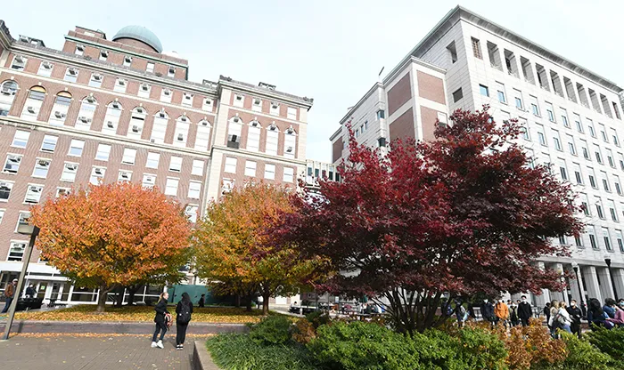 Red and orange trees blaze in front of Pupin Hall.