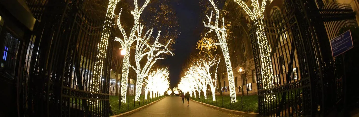 Holiday lights, College Walk, Columbia University