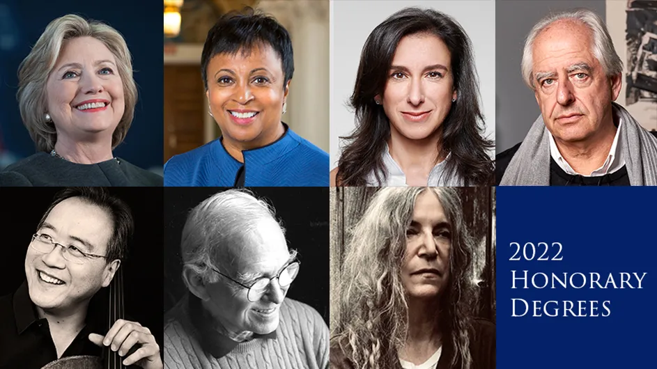 Composite image of eight people--Hillary Rodham Clinton, Carla Hayden, Jodi Kantor, William Kentridge, Yo-Yo Ma, James Polshek, and Patti Smith.

