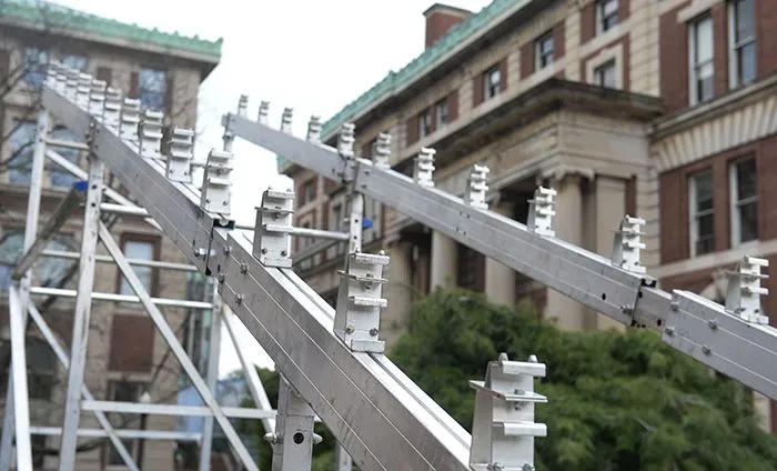 A close up of the bleacher base in front of Kent Hall. 