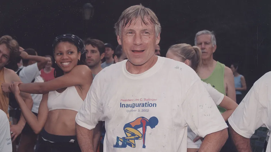 President Bollinger and Columbia students prepare and stretch to run the 5K Fun Run in Riverside Park in New York City.