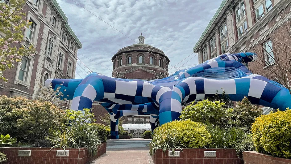 Blue and white inflated sculpture, WEB, in GSAPP's spring seminar, on Morningside campus, Columbia University