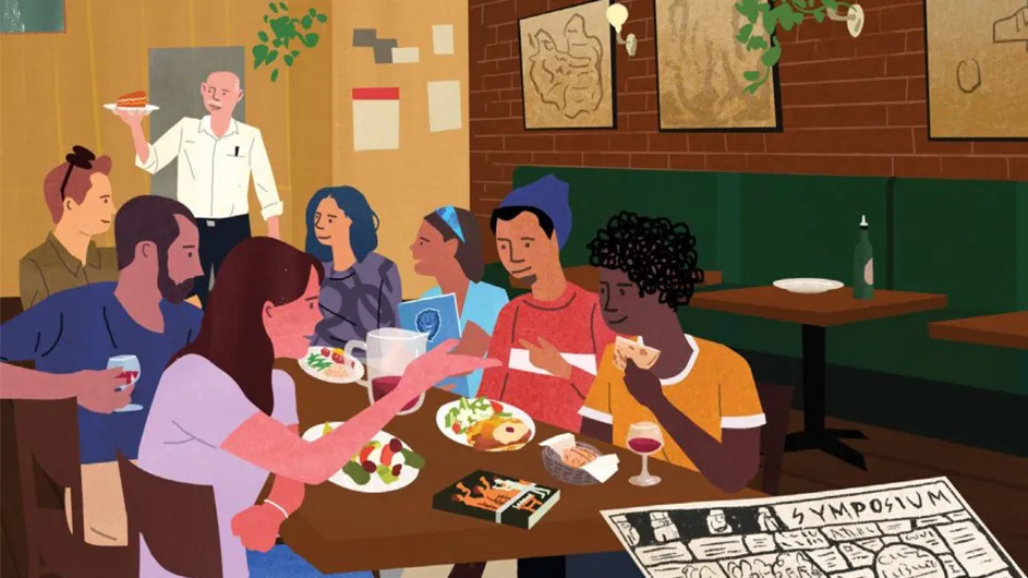 An illustration of the symposium with waiters and tables. 
