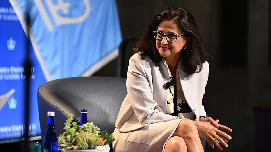 President Minouche Shafik in Columbia's Low Library, presided over her first World Leaders Forum. 