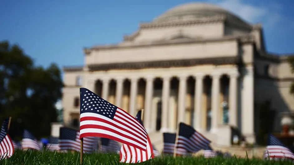 Low Library with flags in front of it. 